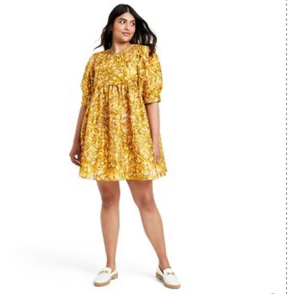 Kika Vargas For Target Dress Size Large Mum Floral Puff Sleeve Mini Gold NWOT - Picture 1 of 2